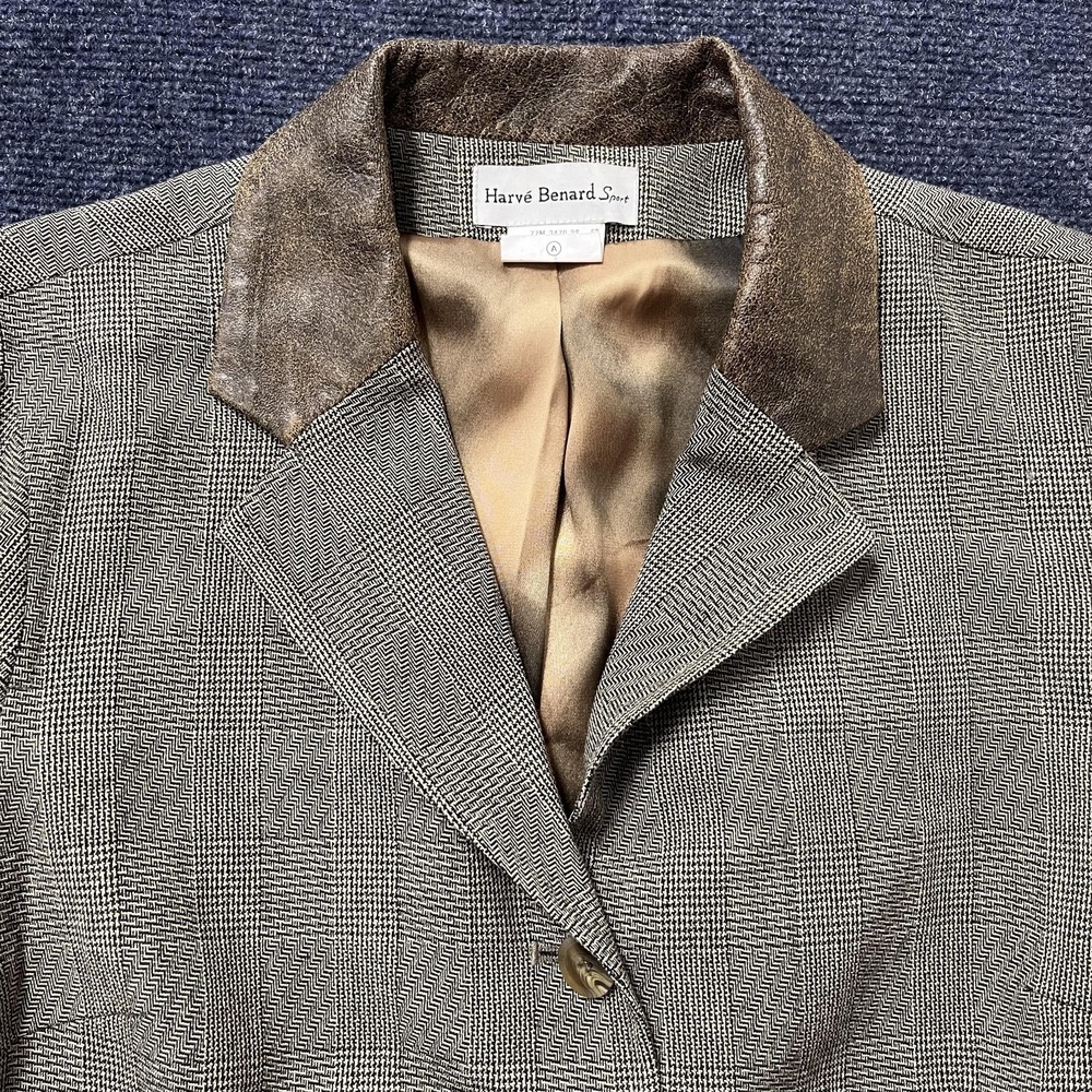 Harve Benard Sport Blazer Jacket Womens 10 Gray Plaid Wool Faux Leather Collar - Picture 2 of 10